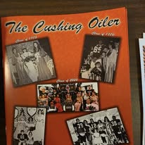 A yearbook cover titled "The Cushing Oiler," featuring photos from various school events, including students in costumes and group activities, highlighting school history.