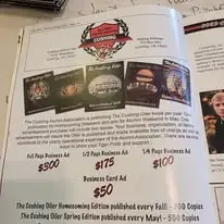 Advertisement layout for Cushing School, detailing ad prices for the Homecoming and Spring editions. Includes pricing for full, half, and business card ads.