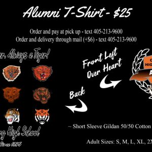 Cushing High School alumni T-shirt advertisement featuring various tiger designs. Price is $25. Ordering details and sizes included.