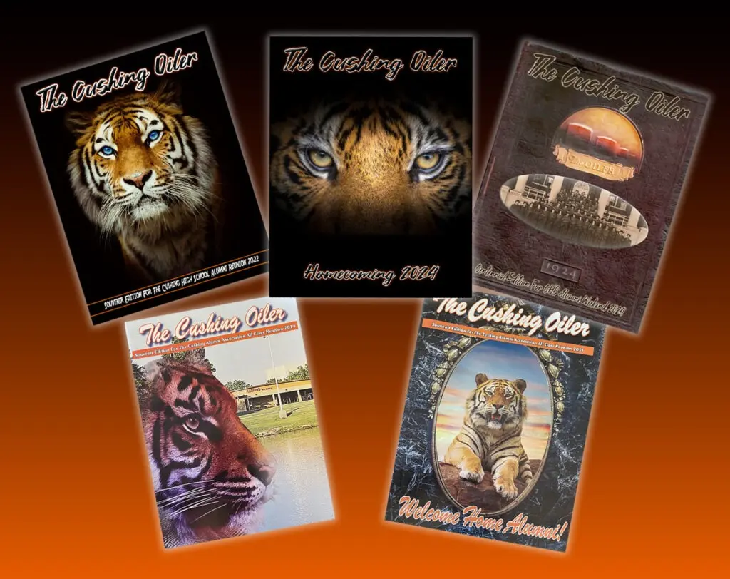Five editions of "The Cushing Oiler," featuring tiger images and various themes, reflecting the alumni association's connection to the school.